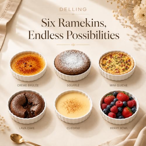 Delling Creme Brulee Ramekins - 6 Piece Set, 8 oz Round Fluted Quiche Dishes, Oven Safe, White - Image 4