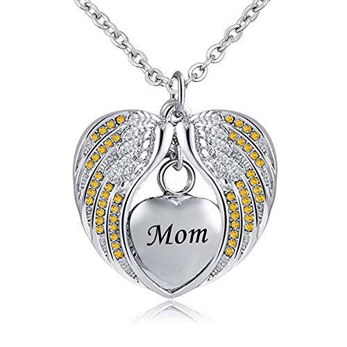 Mom Cremation Jewelry for Ashes Keepsake Angel Wing Urn Necklace Stainless Steel Waterproof Memorial Birthstone Pendant