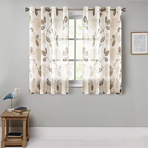 MRTREES Cortinas Visillo Efecto Lino Voile de Dormitorio Translúcida Moderna de Hojas con Hebilla para Ventanas Sala de Niños Sala Comedor Baño 2 Piezas 140×145cm(An×L) Flores Marrón