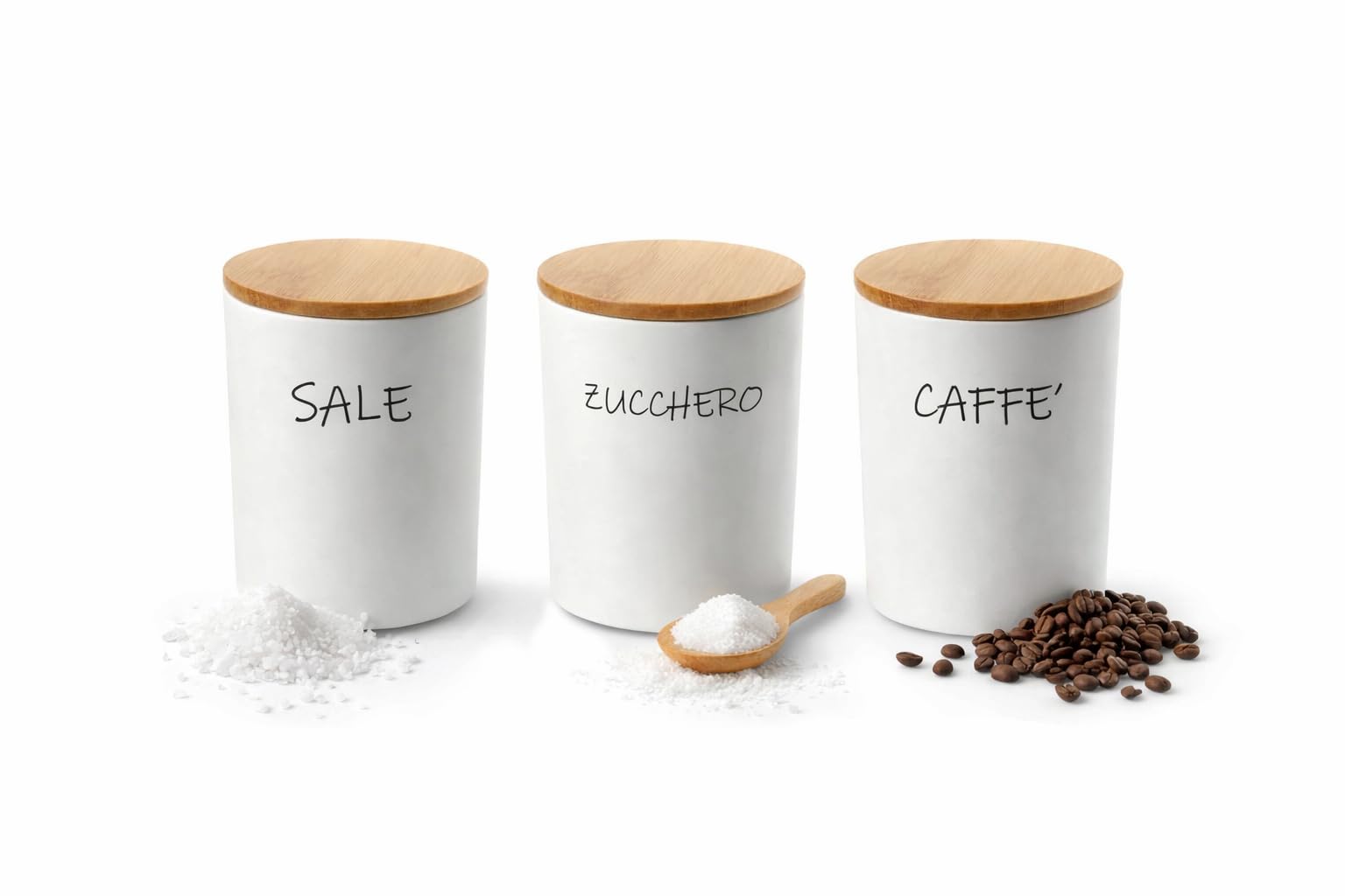 Set 3 Barattoli Ceramica Sale Zucchero Caffè con Tappo in Legno – Contenitori Cucina Ermetici Bianchi Stile Shabby – 10x13 cm