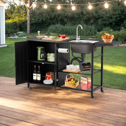 Outdoor Grill Cart with Sink, Outdoor Kitchen Island with Storage Cabinet, Bar Cart Grill Station with Foldable Side Table and Wheels, Outdoor Grill Table For Garden,Patio