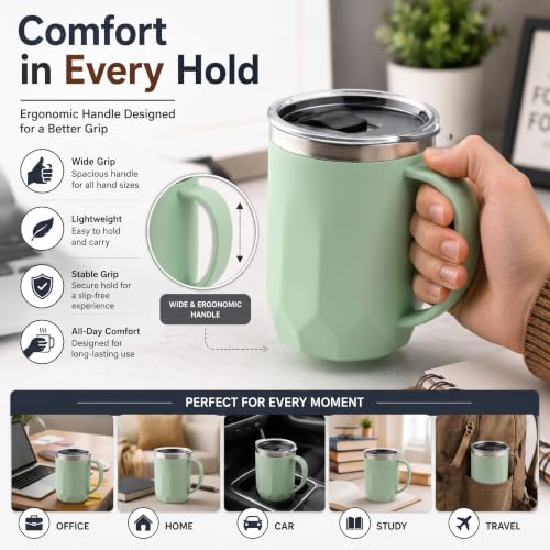Image of MAGIC SPOON Stainless Steel Travel Coffee Mug with Sipper Lid & Handle, Insulated Tea Cup, BPA-Free Double Wall Tumbler for Hot-Cold Beverages, Office, Home, Car- Pista-Navy, (Combo Pack (400ml X 2))