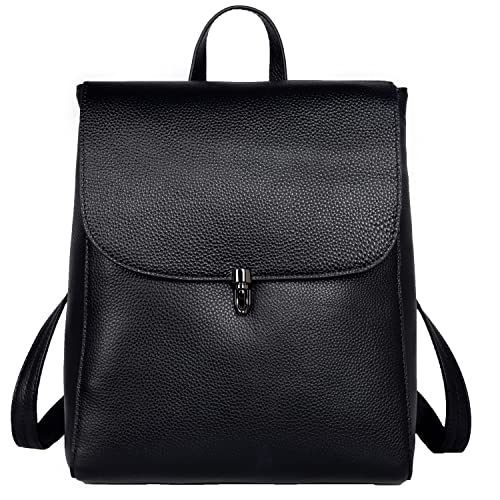 Heshe Womenâ€™s Leather Backpack Casual Style Flap Backpacks Daypack for Ladies (standard size, Black-Top Grain Leather)