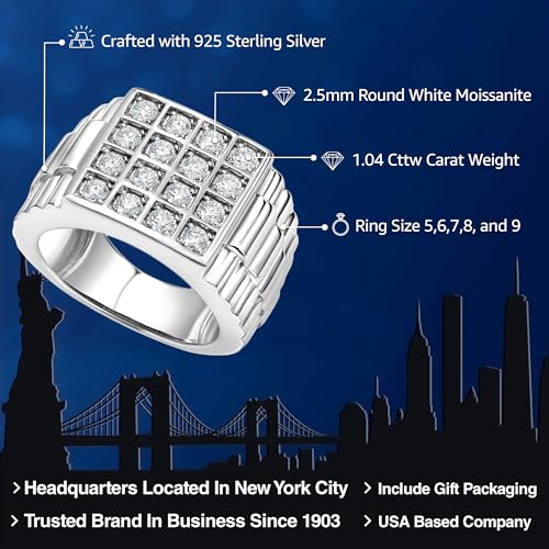 Gem Stone King White Round Moissanite Ring For Men In 925 Sterling Silver | Watch Cuban Rolex Style Square Cut Band Ring | 1.04 Cttw | Available In Size 7, 8, 9, 10, 11, 12, 132