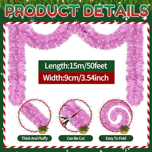 Image of 50 Ft Christmas Tinsel Garland Pink Thick Tinsel Garland Xmas Tree Decorations Metallic Tinsel Twist Garland for Christmas, Birthday, Party Decor Indoor Outdoor Party Supplies