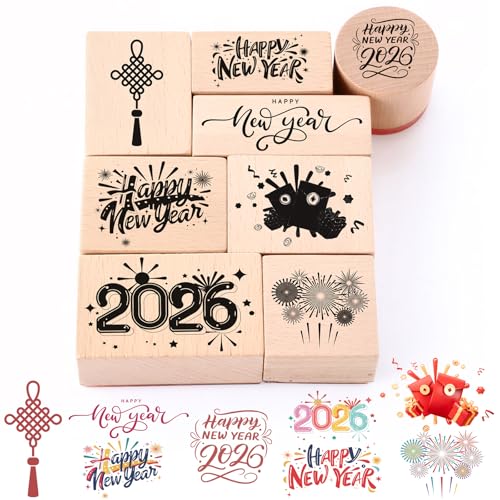 Supervitae 8 Pcs Chinese New Year Wooden Rubber Stamp Set Happy Chinese New Year Vintage Wooden Art Stamps for Crafting and DIY Scrapbooking Card Making Hand Book