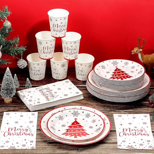 KAHEIGN 175Pcs Weihnachten Geschirr Set für 25 Personen, Papier Weihnachts Geschirrset mit 25Sets Speiseteller Salatteller Becher Servietten und wiederverwendbare Messer&Gabel&Löffel