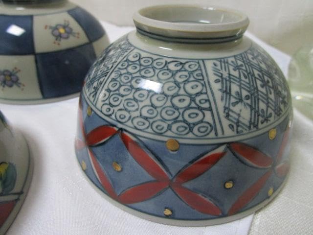 有田焼 満峰窯 染付色絵 絵変わり 飯碗揃 5客 金彩