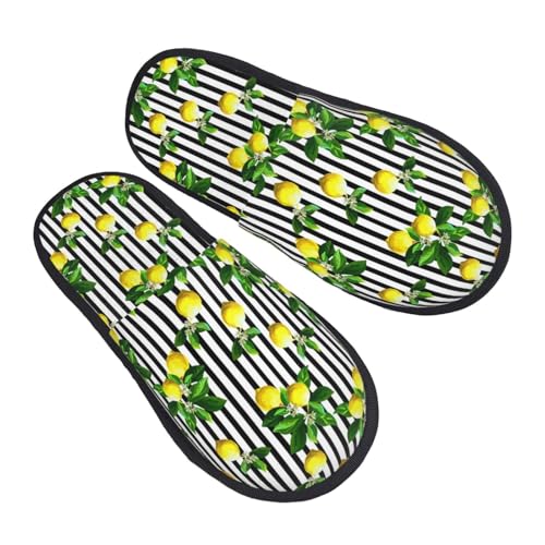 Lemons On Striped Print Women'S Fuzzy Slip On Indoor Outdoor Winter House Slippers2