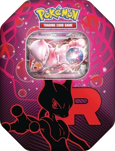 Pokémon: Lata Team Rocket: Mewtwo ex de JCC Pokémon (1 Carta holográfica de promoción y 4 Sobres de Mejora)