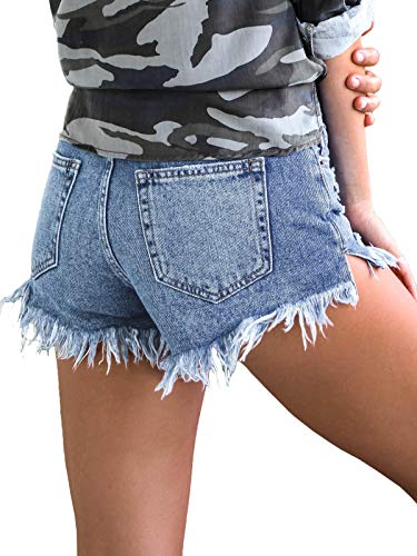 Govc Womens Jean Shorts Mid-Rise Frayed Raw Hemline Ripped Denim Short Jeans(Lightblue,L 