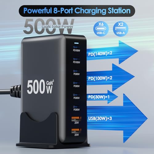 Image of 500W USB C Fast Charger Block, 8 Port Charging Station, GaN Ⅲ Multi Port Charging Station Hub for Multiple Devices, Multiport USB Charger Station Compatible with MacBook iPhone iPad Dell