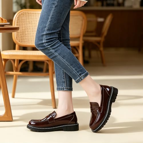 Image of Black Penny Loafers for Women, Shiny Comfortable Dress Work Shoes
