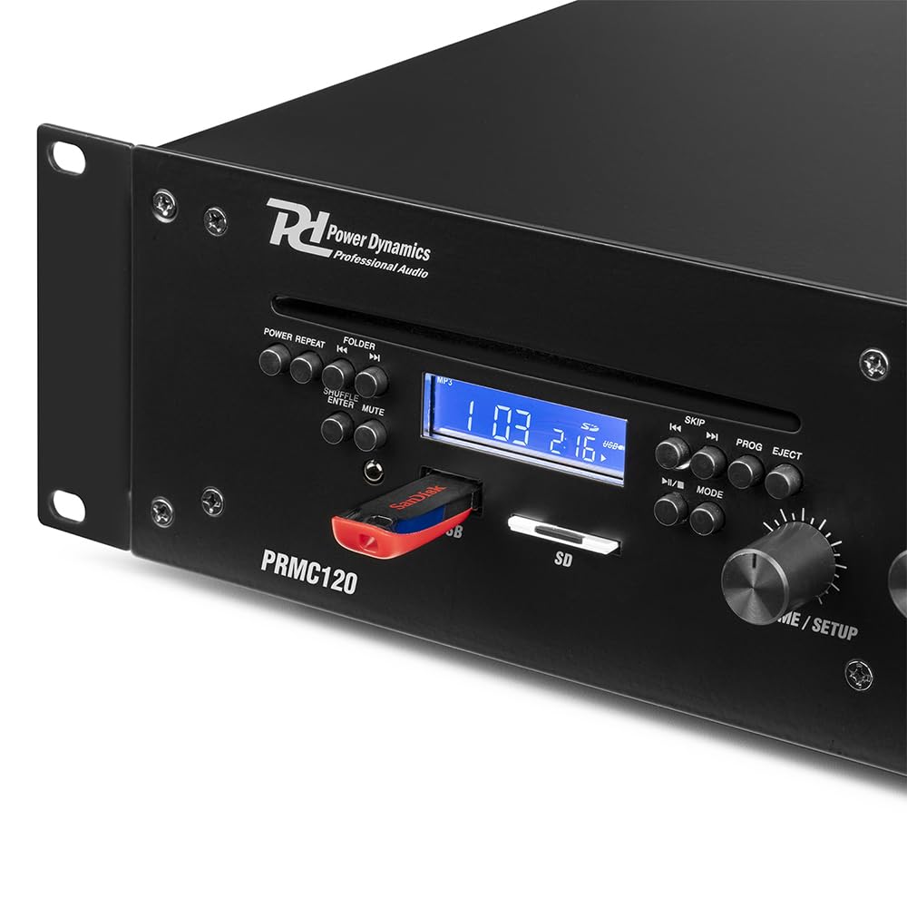 Power Dynamics PRC120 Amplificador 100V 120W con CD y Bluetooth | Reproductor CD integrado, alimentación Phantom, control de tono, compatible con instalaciones de música ambiental.