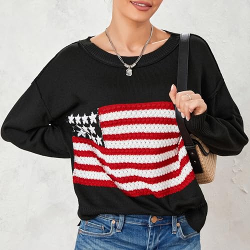 Image of Women American Flag Sweater Loose Vintage USA Sweatshirt Long Sleeve Crewneck Hollow Out 4th of July Jumper