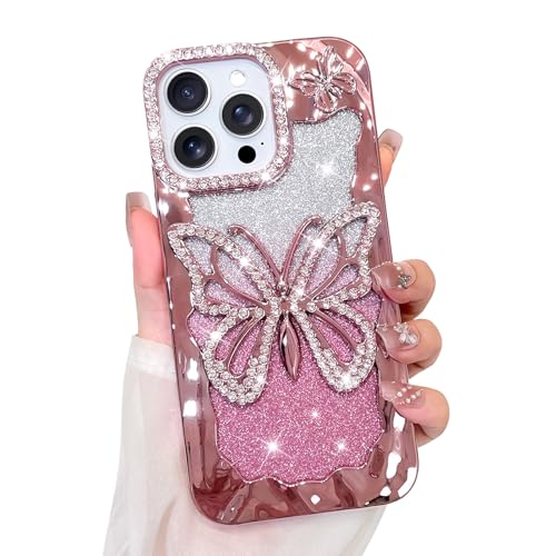 Coque iPhone 14 Pro Max paillettes rose avec papillon 3D strass