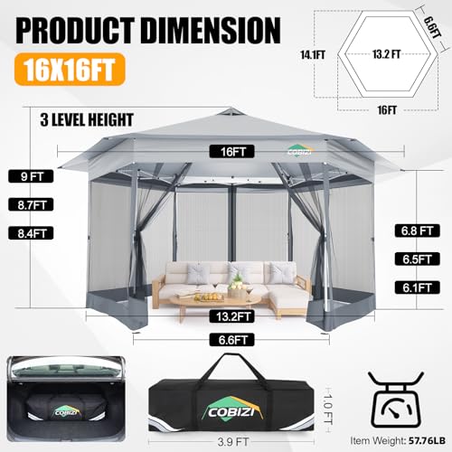 Image of COBIZI 16x16 Pop Up Gazebo Tent with Mosquito Netting, Gazebos on Clearance, Hexagonal Outdoor Canopy Shelter, Patented Center Lock 6-Sided Portable Gazebos, Pop Up Canopy Tent for Backyard, White