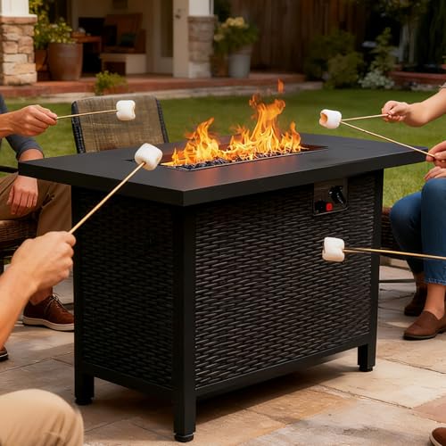 Kecreque 42' Propane Fire Pit Rattan Table 50,000 Btu Gas Fire Pits for Outside Patio w/Lid & Explosion-Proof Blue Glass Stone for Firepit Table forBackyard Evening Gatherings on Deck Gardens