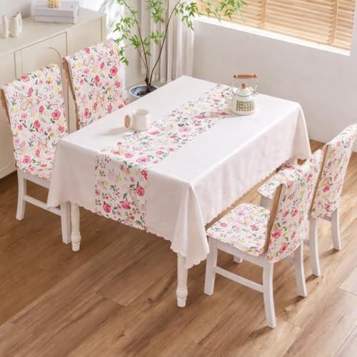 Image of HOMETHREADS Floral Cotton Chair Cover Set | Soft & Comfortable Seat Covers with Anti-Skid Non-Slip Backing + Waterproof Dining Table Cover (140x180 cm) (Cream Pink, 4 Chair Covers + 1 Table Cover)