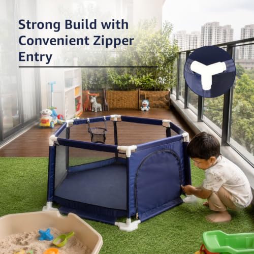 Image of Amazon Brand - Jam & Honey Kids Playpen for Babies & Toddlers | Foldable Baby Ball Pool with Zipper Door & Basketball Hoop | Sturdy Portable Play Area for Kids (Blue, Octagonal)