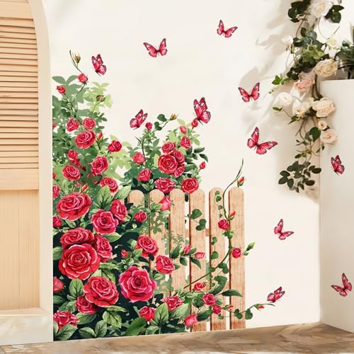 Amazon.com: Supzone Romantic Red Rose Wall Decals Rambling Rose Vine Fence Wall Stickers Peel ...