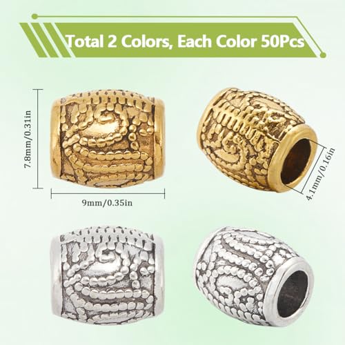 SOFPLATE 1 Box 100Pcs Large Hole Column Beads Silver Metal Barrel Bead Bulk Tibetan Alloy Antique Gold European Rondelle Loose Charms Spacer Beads for Bracelets Chains jewellery Making Accessories - Image 2
