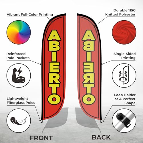 Image of LookOurWay Feather Flag Pole Kit - 12 Feet Tall Advertising Flag Banner with Fiberglass Pole Kit and Ground Spike for Business Promotion - Grand Opening Flags - Abierto (10M1200095)