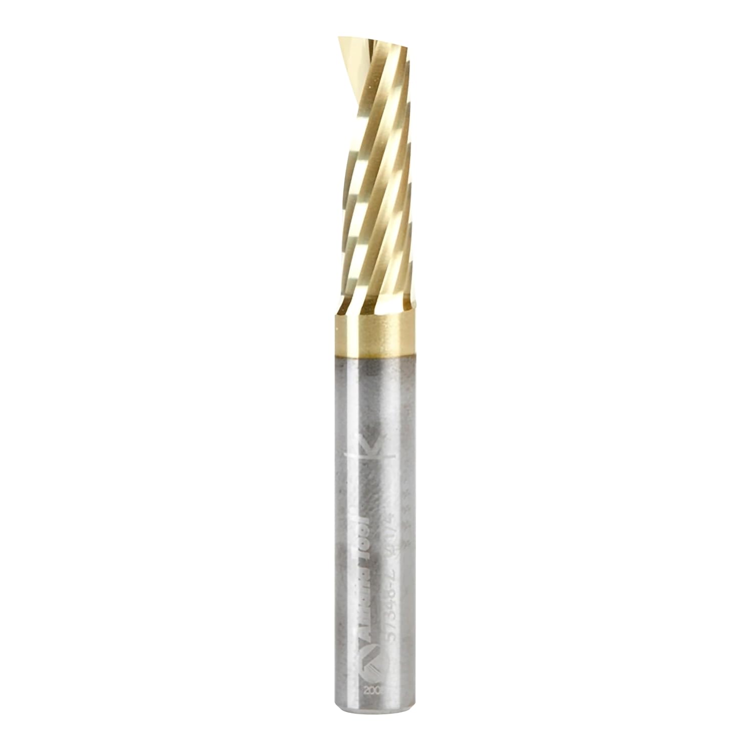 Amana Tool 57348-Z SC Spiral O Single Flute Improved Surface Finish Aluminum Cutting 1/4 D x 3/4 CH x 1/4 SHK x 2 Inch Long Up-Cut ZrN Coated Router Bit withMirror Finish