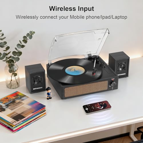 Image of Record Player with Passive Bookshelf Speakers Belt-Drive Vintage Turntable for Vinyl Records External Dual Stereo Speakers LP Players 3 Speed Wireless AUX Headphone Input Auto Stop Retro Black Wooden