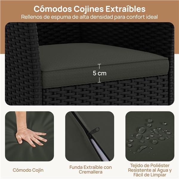 Yaheetech Set de 2 Sillones en Ratán y Acero, Muebles Jardín Exterior Resistentes a la Intemperie, Sillón para Conjunto Jardín Exterior, Cojines con Fundas Intercambiables (2, Negro/Gris)