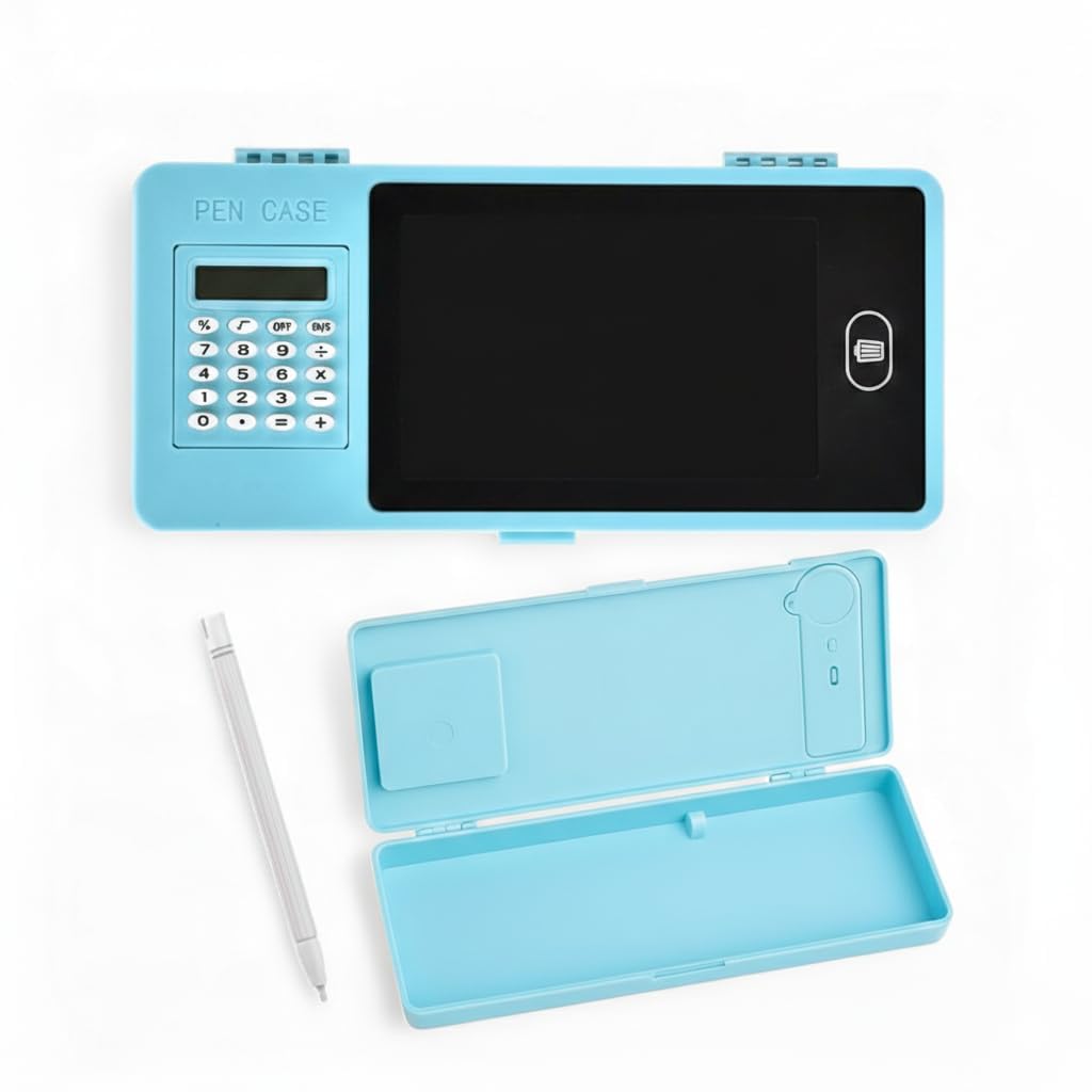 2-in-1 Pencil Box with LCD Writing Pad and Calculator for Kids | Digital Drawing Tablet with Erase Button & Stylus Calculator | Large Capacity Pencil Case for School Boys & Girls - Blue-image-38