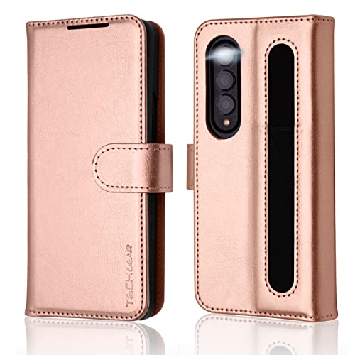 TECHGEAR Etui Portefeuille en Cuir Galaxy Z Fold 4, Housse Flip Protect avec Porte-Cartes Portefeuille, Support et Dragonne - Cuir PU Or Rose avec Fermeture Magnétique Conçu pour Samsung Z Fold 4