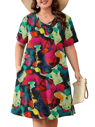 Image of AusLook Plus Size Midi Dress for Women Short Sleeve V Neck Criss Cross A Line Summer Casual Vacation Sundresses with Pockets