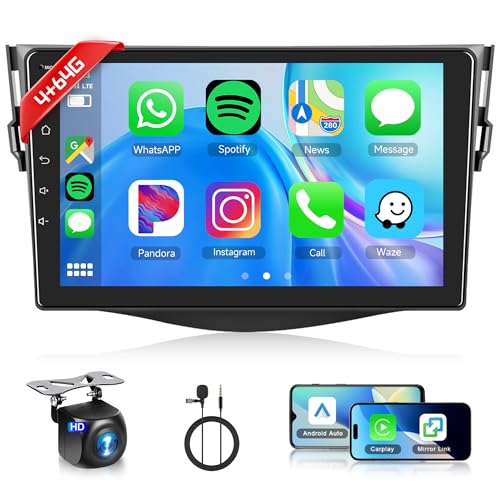 Rimoody 4+64G Wireless Carplay Radio de Coche para Toyota RAV4 2007 2012 9 Pulgadas HD Android 13 Radio con Android Auto Navegación GPS Mirror Link Bluetooth WiFi/FM/RDS/EQ/SWC/USB Cámara Trasera