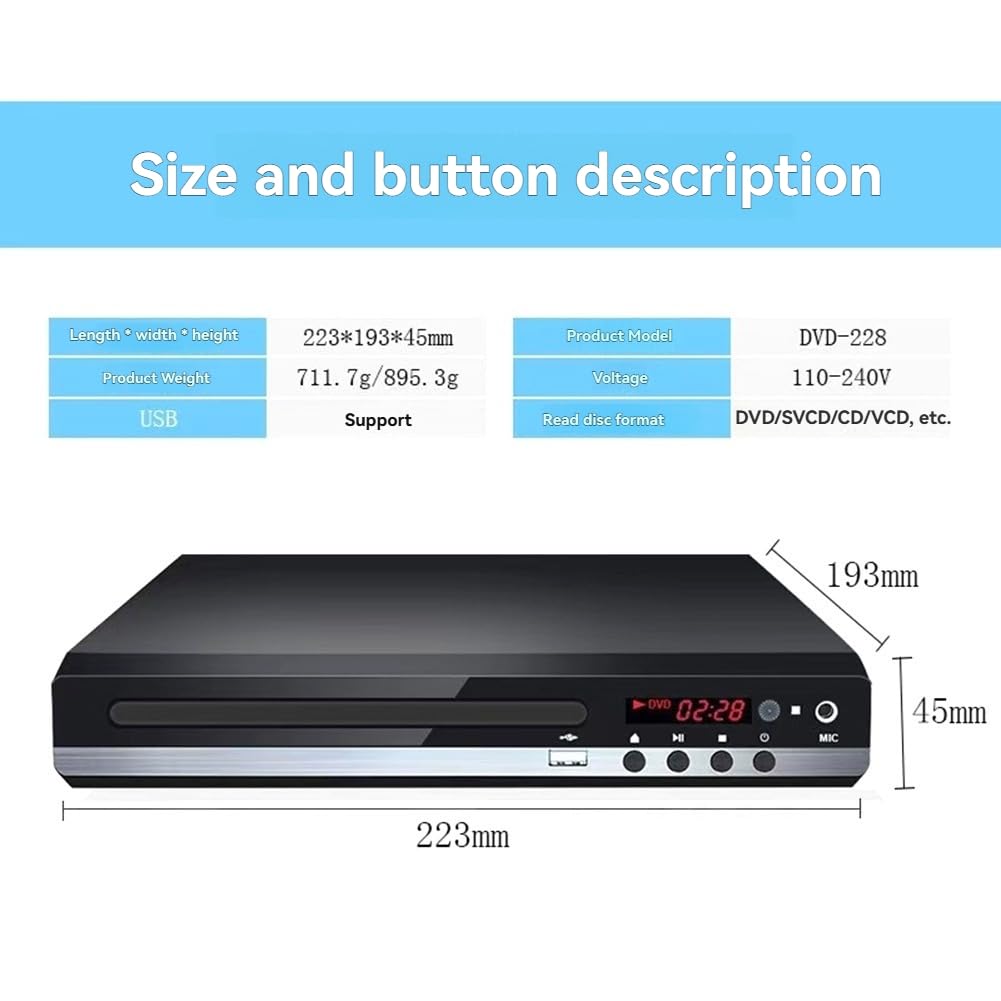 Lecteur DVD Haute Définition 1080P Lecteur DVD Domestique DVD229 HD Lecteur DVD Boîte pour TV Lecteur de Disques CD Sortie AV Port MIC Prise EU