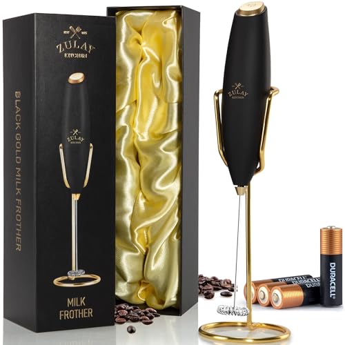Image of Zulay Kitchen Powerful Milk Frother Wand With Duracell Batteries - Ultra Fast Handheld Drink Mixer - Electric Whisk Foam Maker for Coffee, Lattes, Cappuccino & Matcha - Z1 Motor - Exec Black Gold