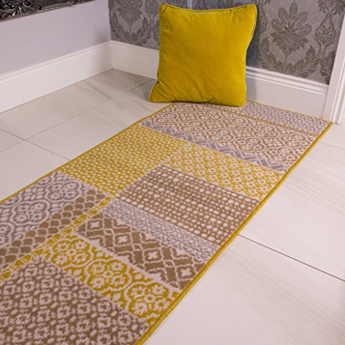 The Rug House Milan - Alfombra de Comedor con diseño de Cuadrados, Color Amarillo y marrón Mostaza, Color Gris y Beige