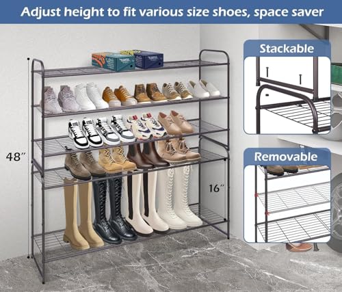 Image of KEETDY Long 3 Tier Shoe Rack for Closet Wide Shoe Storage Organizer Stackable Metal Shoe Shelf for 24 Pairs Men Sneakers with Wire Grid for Closet Floor, Bedroom, Entryway, Bronze