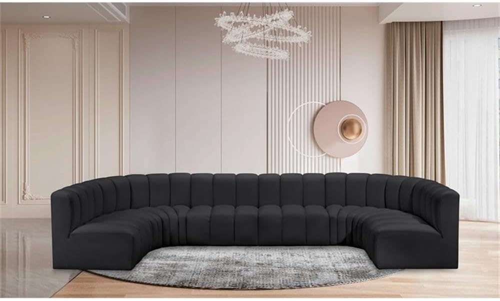 BOWERY HILL Contemporary Modular Sectional, Black Vegan Leather, 8-Piece Set, Deep Channel Tufting, 150" W x 72" D x 30" H, Versatile Living Room or Home Office Seating