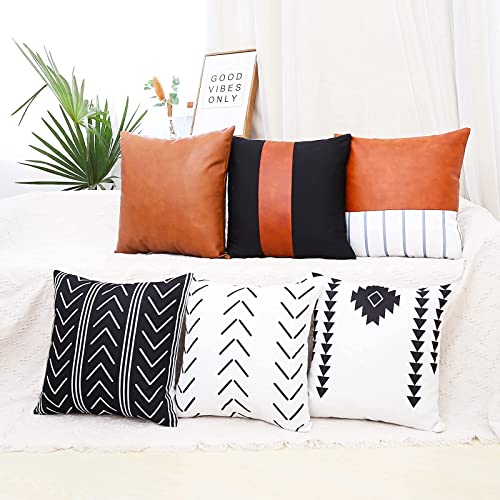 Lydtick 6 Pack Boho Throw Pillow Covers 18 X 18 Inch, Decorative Farmhouse Pillow Covers Faux Leather Modern Geometric Pillowcases For Couch, Bed, Home Décor #TOP5
