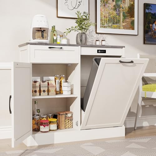 LOUVIXA Double Tilt Out Trash Can Cabinet, Kitchen Island with Trash-Storage, Trashcan Cabinet for Kitchens, Wood Cabinet with Trash Can Pull Out, Dog Proof Trash Storage(Off White, Single)