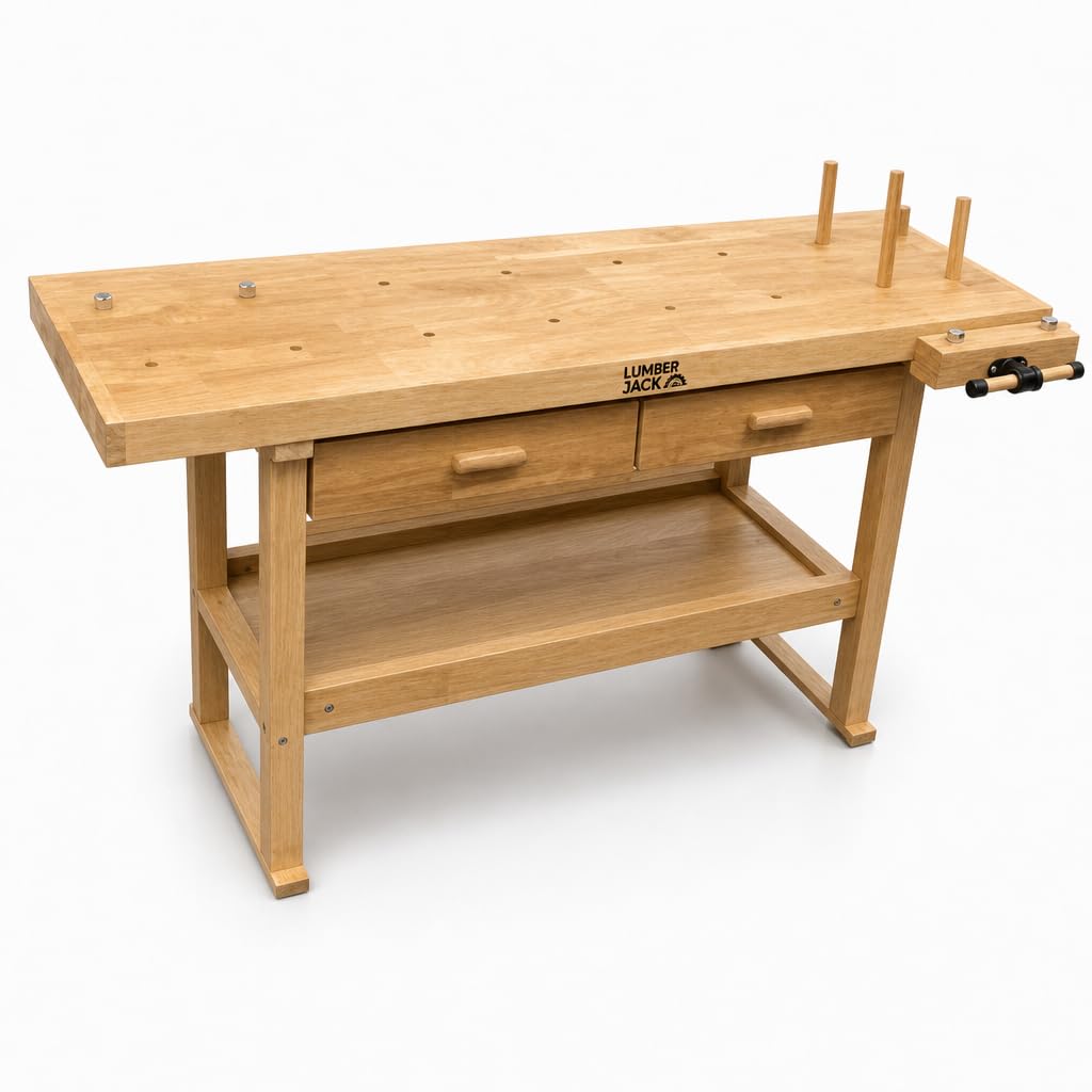 Lumberjack Work Bench, Heavy Duty Workshop Woodworking Table, 2 Drawers and 1 Vice Workbench, for Shed or Garage Use Workbenches