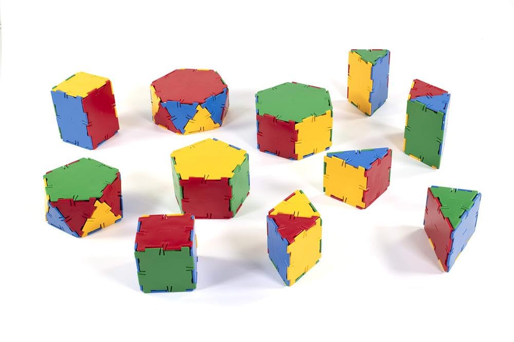 Miniland - Conexion: Set Prismas. 84 Piezas en Bote con asa para Trabajar la Formas geométricas en niños y niñas de +5 años.