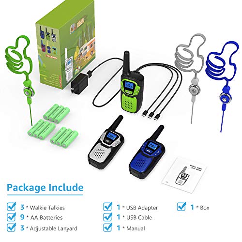Walkie Talkies 3 Pack Rechargeable, Easy To Use Long Range Walky Talky Handheld Two Way Radio With Noaa For Hiking Camping (1Blue & 1Green & 1Silver With Relugar Micro-Usb Charger/Batteries) #TOP1