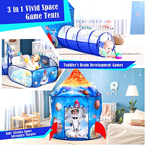 Image of PigPigPen 3pc Kids Play Tent for Boys with Ball Pit, Crawl Tunnel, Rocket Ship Tents for Toddlers, Baby Space World Playhouse Toys, Boys Indoor& Outdoor Play House, Perfect Kid's Gifts