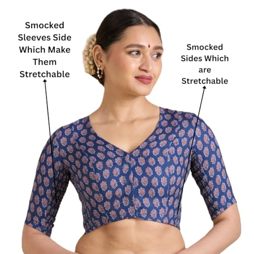Image of Studio Shringaar Women's Blue Cotton Printed Side Stretch (Smocked) Readymade Saree Blouse