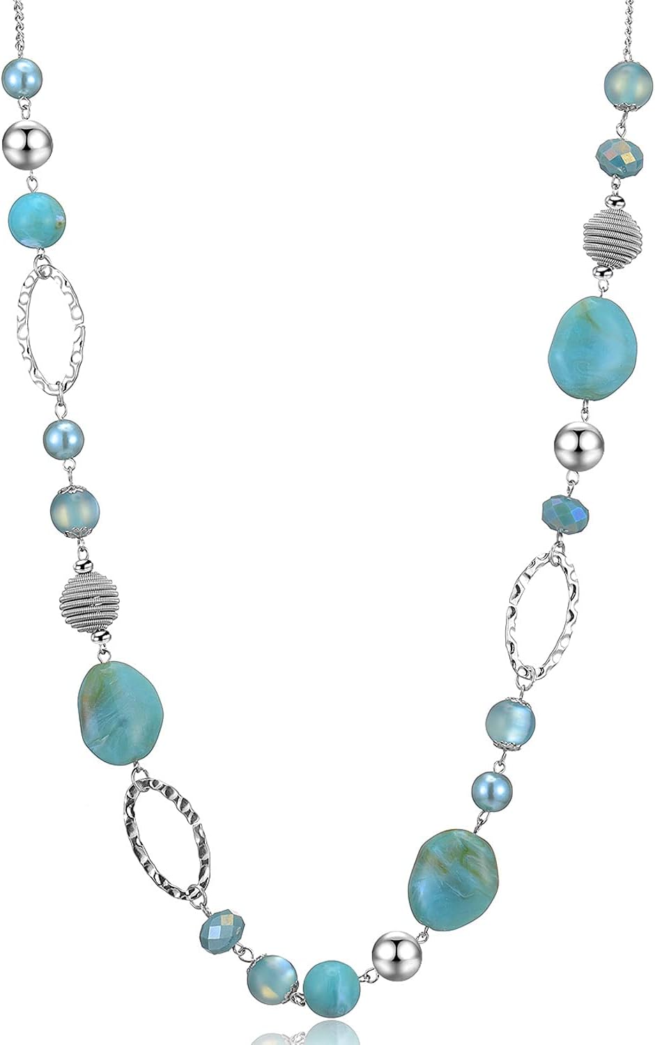 BULINLIN Beaded Long Necklace for Women Silver Sweater Chain Necklace with Crystal Resin Beads, Fashion Jewelry Necklace