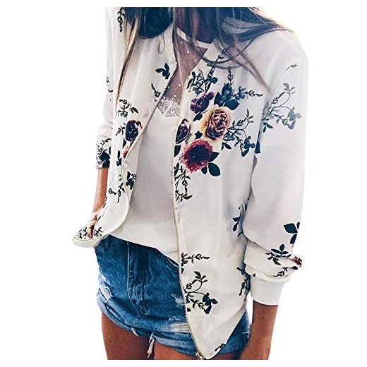Zldhxyf Jacka dam vår höst lång vardag jacka mode blommönster bomberjacka damer vinter rea kort jacka dragkedja stående krage ytterkläder, Vit, M