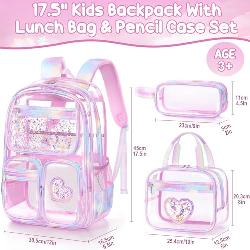 Image of Fimibuke Clear Backpack for Girls, 3PCS Heavy Duty PVC Transparent Kids Backpack for Teen Girls, School Concert Stadium Approved See Through School Teen Girl Bookbag with Lunch Box & Pencil Case, Pink