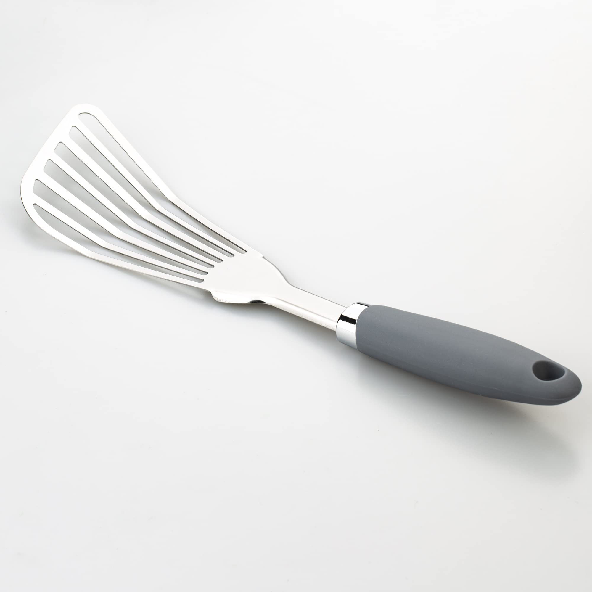 Espátula de acero inoxidable 304, espátula ranurada con mango ergonómico antideslizante, color gris